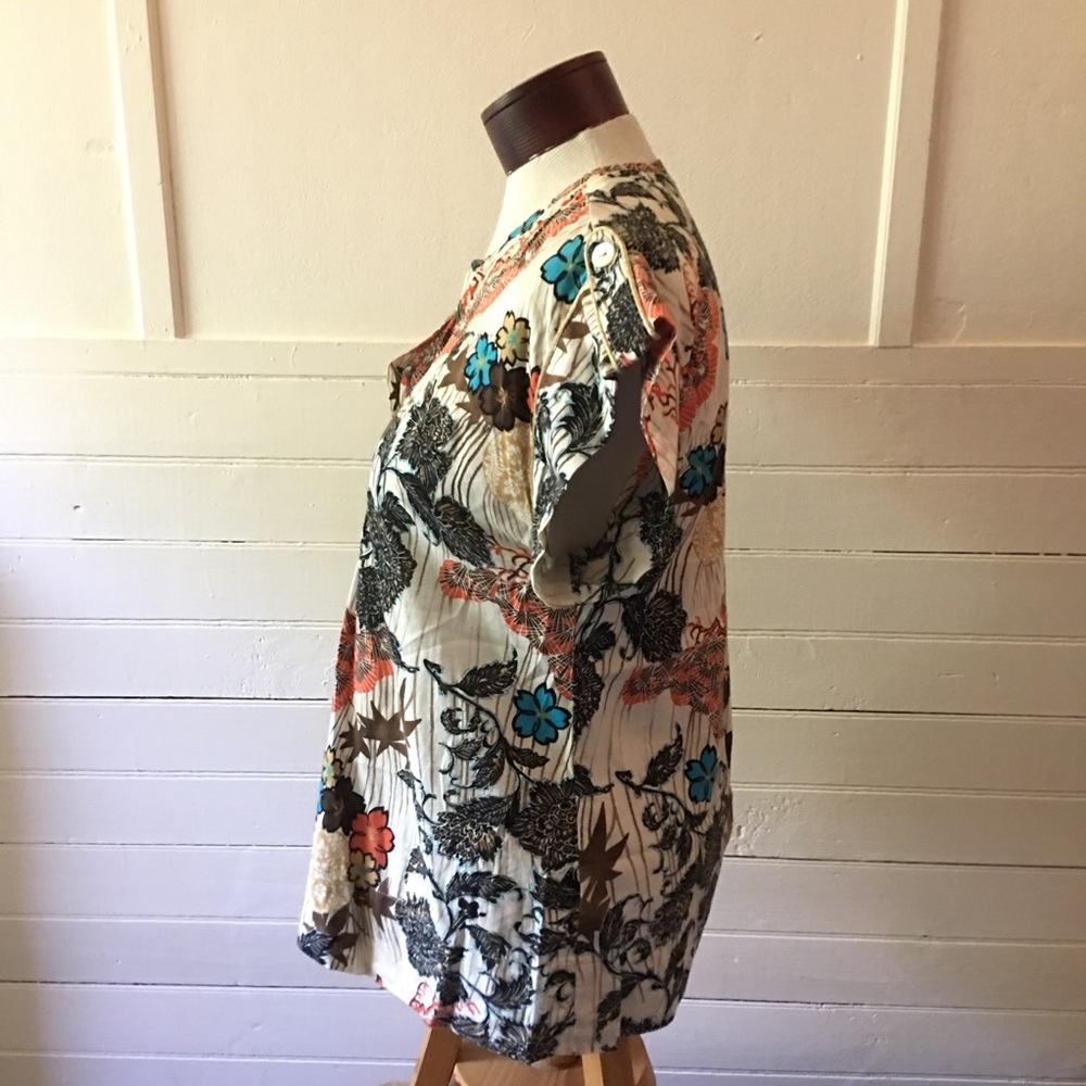 Hawaiian Floral Boho Gold Trim Pleated Yoke A-Line Boho Chic Blouse Billtornade - Picture 7 of 9